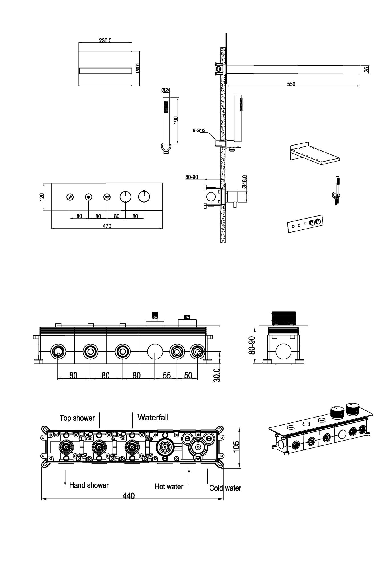 Встроенная душевая система FUSION с термостатом, трехпозиционная GOLD
