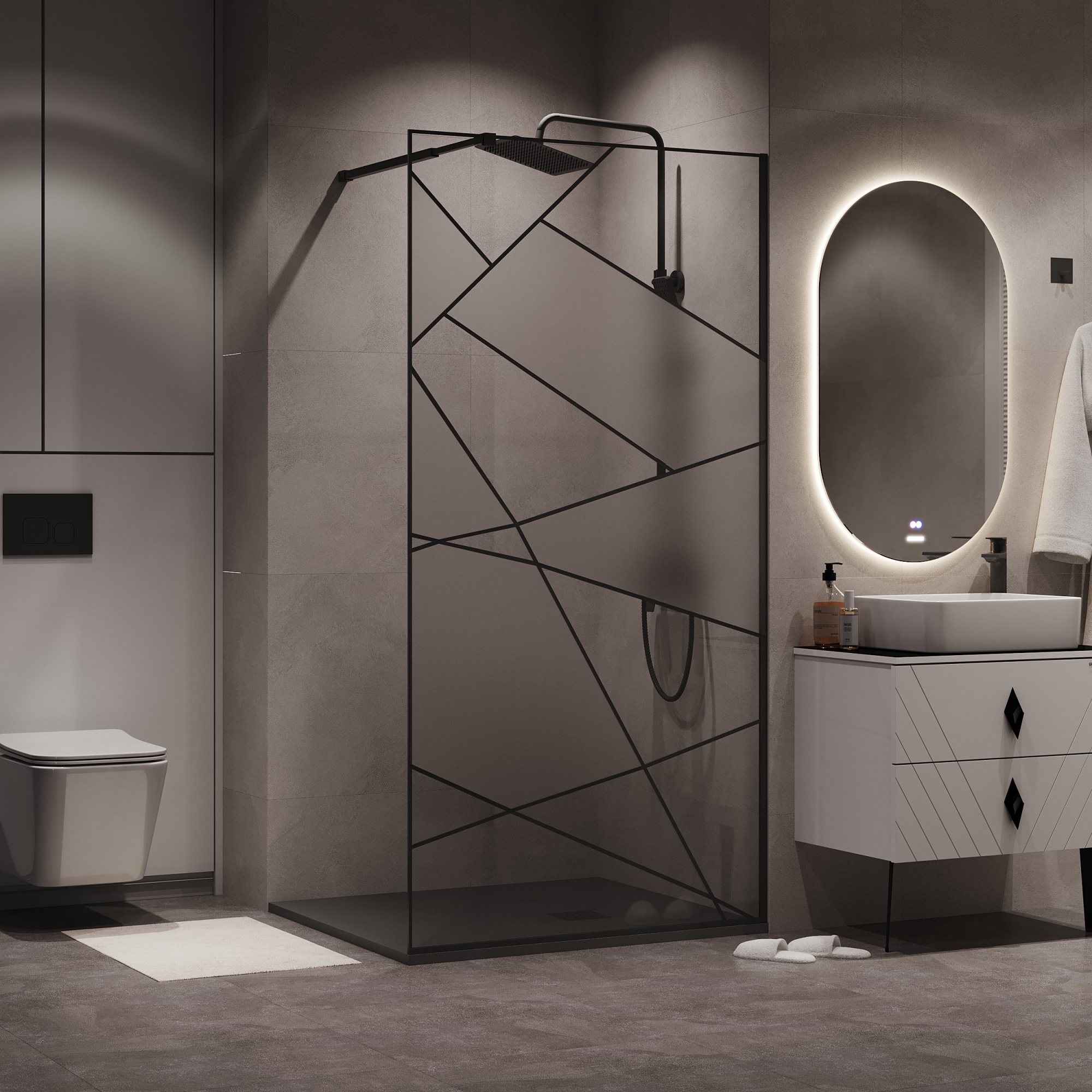 Душевая перегородка NG-680-10BLACK (100*195) черный матовый, стекло прозрачное с рисунком