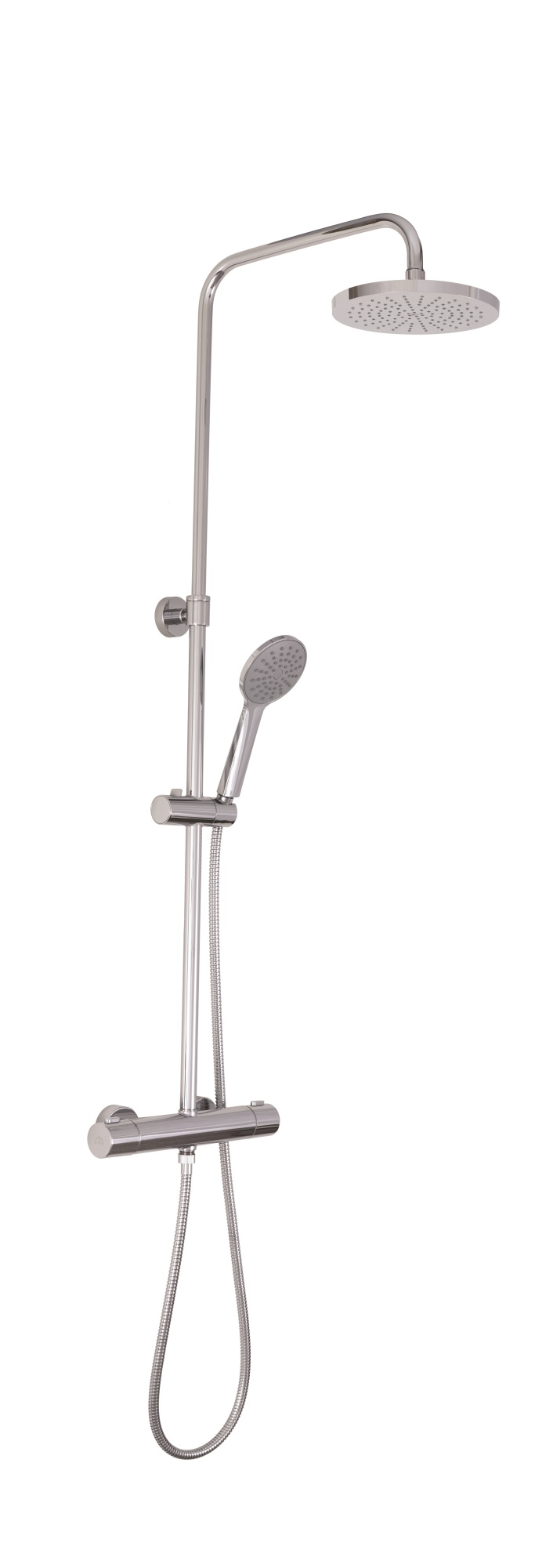 Колонна латунная телескопическая  BIRILLO COLD термостат. для душа без излива, регулиремая по высоте, верх. Душ из ABS диам. 200мм, шланг металл 1500мм, ручной душ из ABS диам.105мм, держатель душа  подвижный круглый, хром