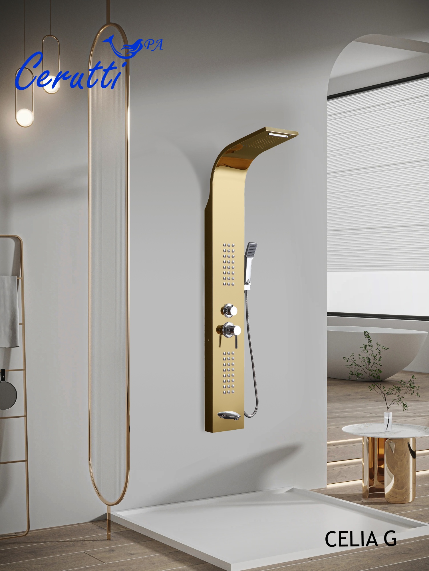Панель CELIA G душевая из нержавеющей стали с форсунками Ceruttispa CT10404, цвет золото