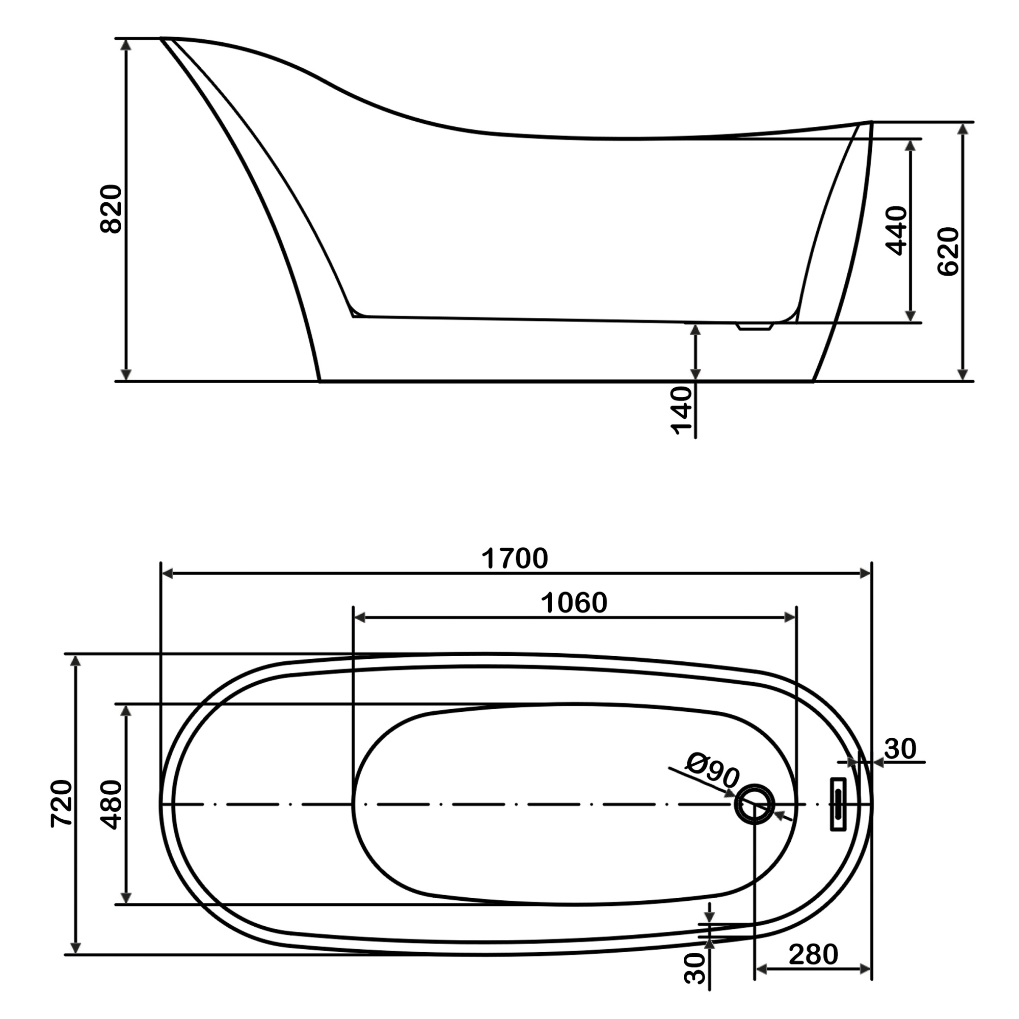 Ванна акриловая отдельностоящая 1700 мм Swedbe Vita 8820