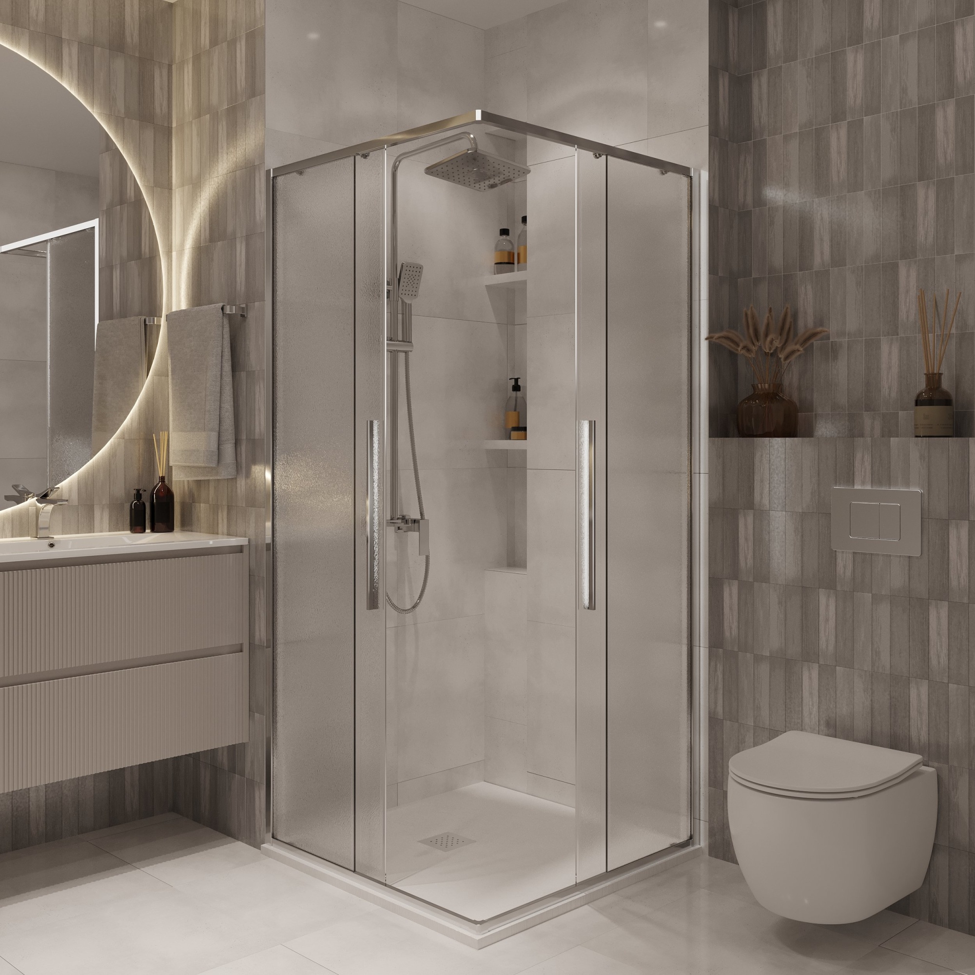 Душевое ограждение NG-3622-34 (80*80*195) квадрат, раздвижная, хром, стекло шиншилла