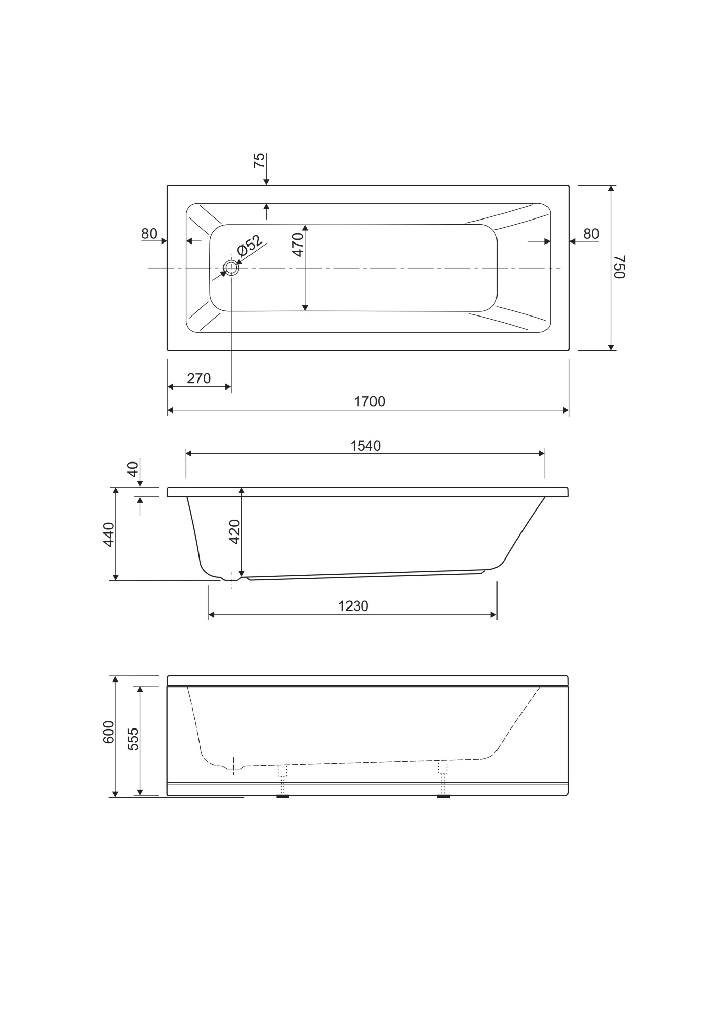 Акриловая ванна CEZARES PLANE SOLO MINI-170-75-41