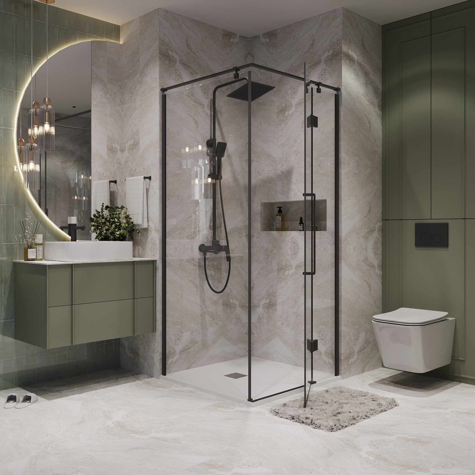 Душевое ограждение NG-6832-34BLACK (100*100*195) квадрат, распашная, черный матовый, стекло прозрач