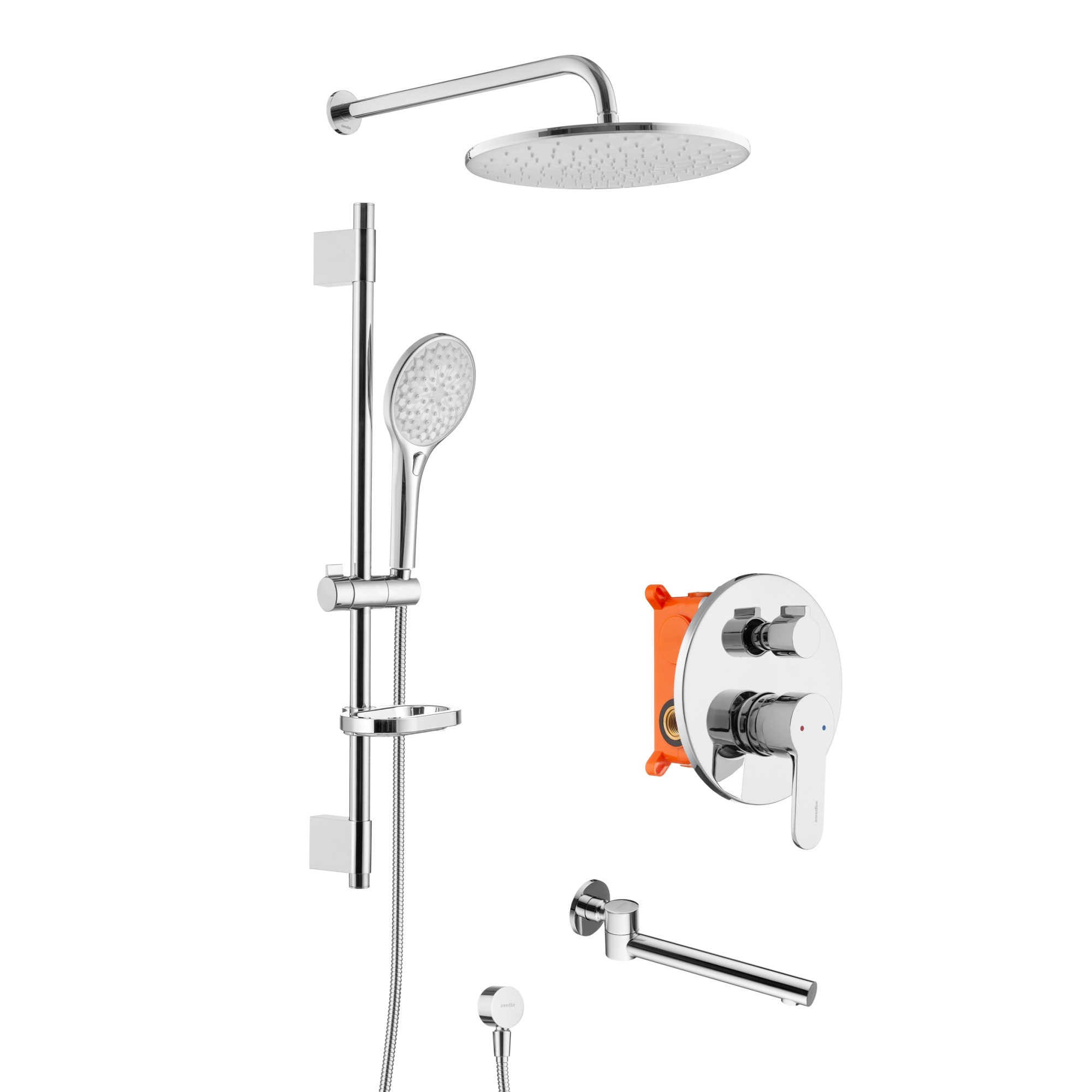 Душевой комплект со встраиваемым смесителем (с монтажным боксом), верхним душем и повортным изливом Swedbe Platta 5542G1
