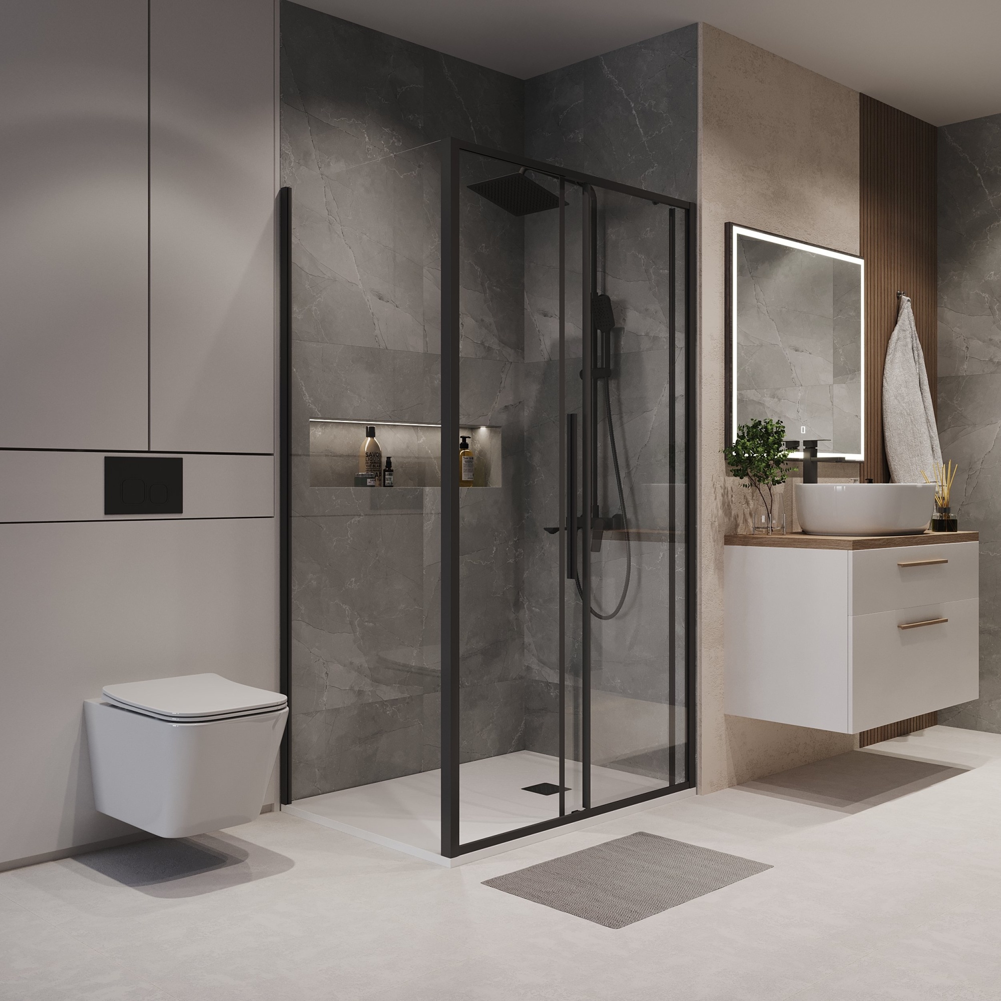 Душевое ограждение NG-84-12AB-A90B-34 (120*90*195) прямоуг.,раздвижн.,черный матов,стекло прозрачн.