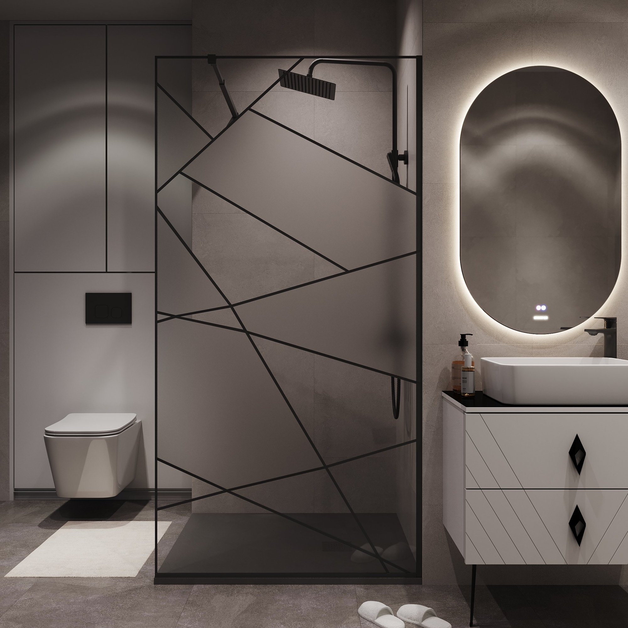 Душевая перегородка NG-680-90BLACK (90*195) черный матовый, стекло прозрачное с рисунком