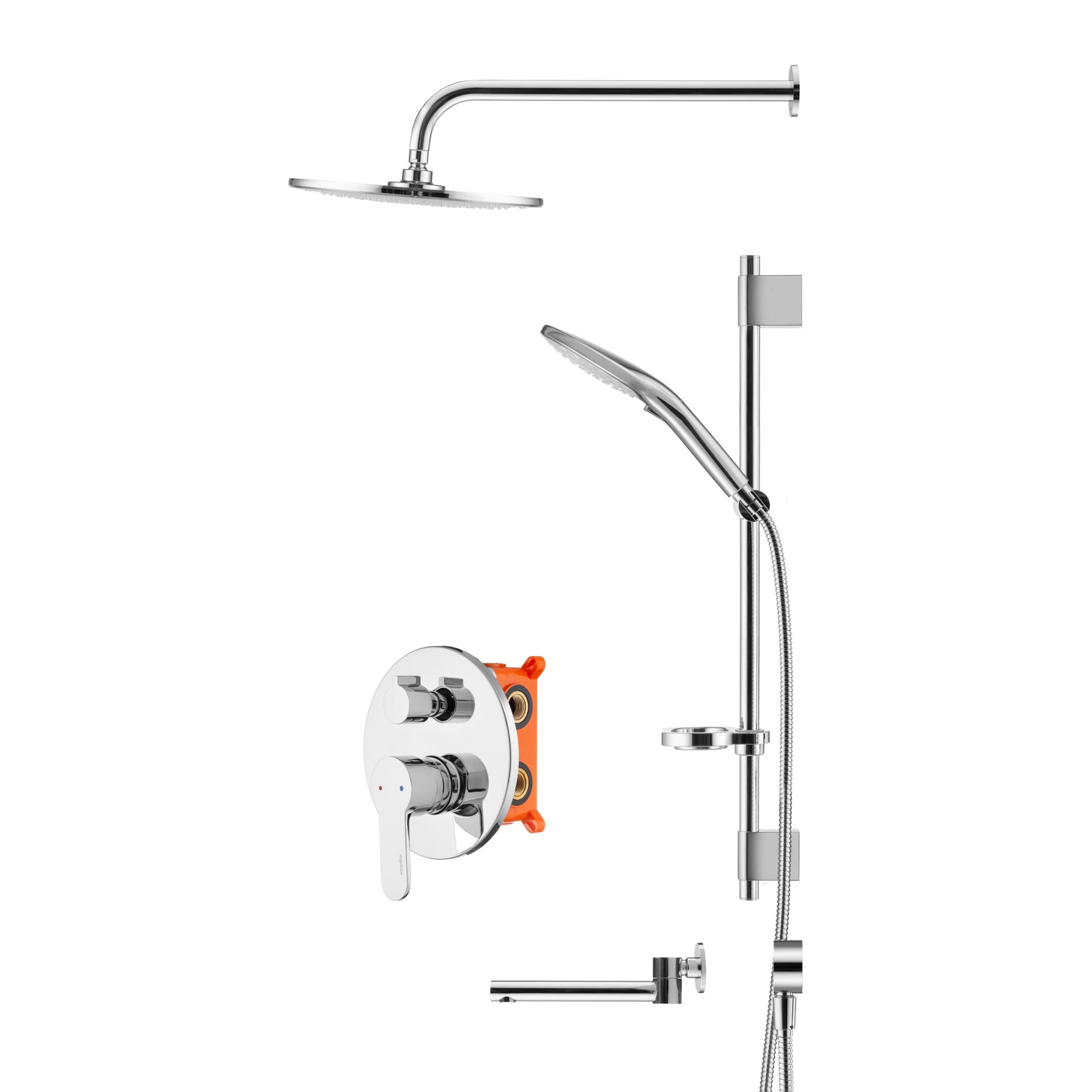 Душевой комплект со встраиваемым смесителем (с монтажным боксом), верхним душем и повортным изливом Swedbe Platta 5542