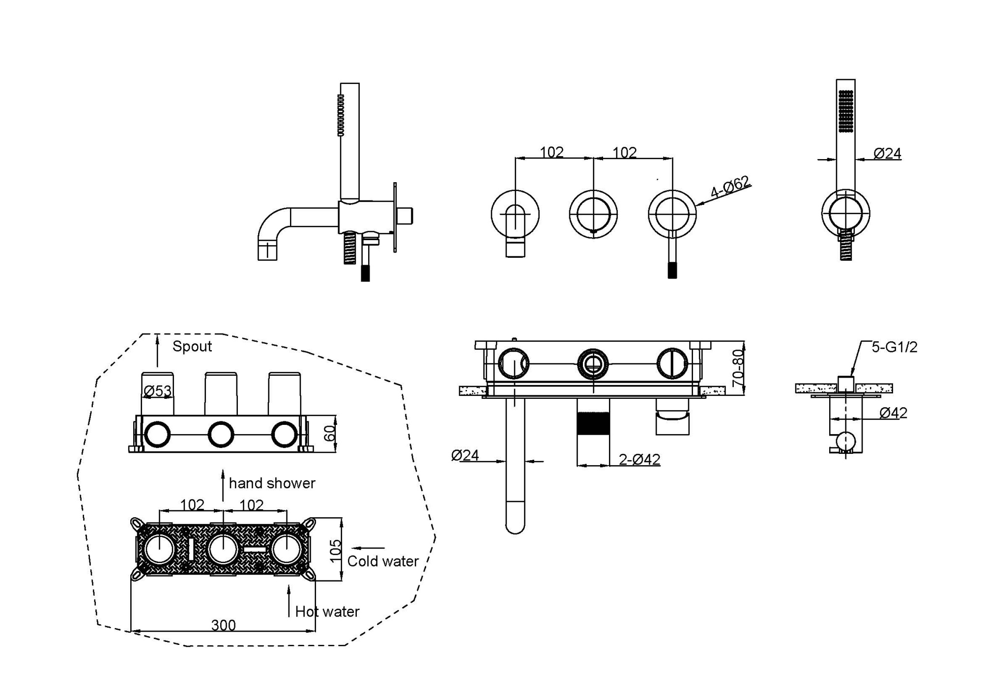 Смеситель встроенный + ручной душ + излив Uno Copper Brushed