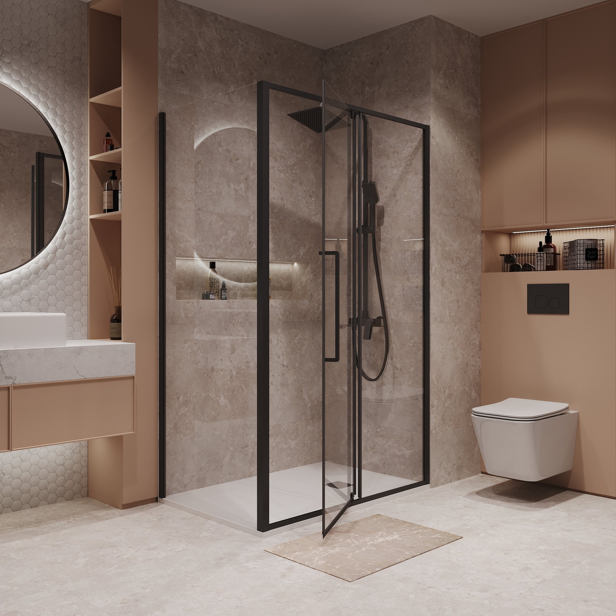 Душевое ограждение NG-85-12AB-A100B-34 (120*100*195) прямоугол,распашн,черный матов,стекло прозрачн,2 ме