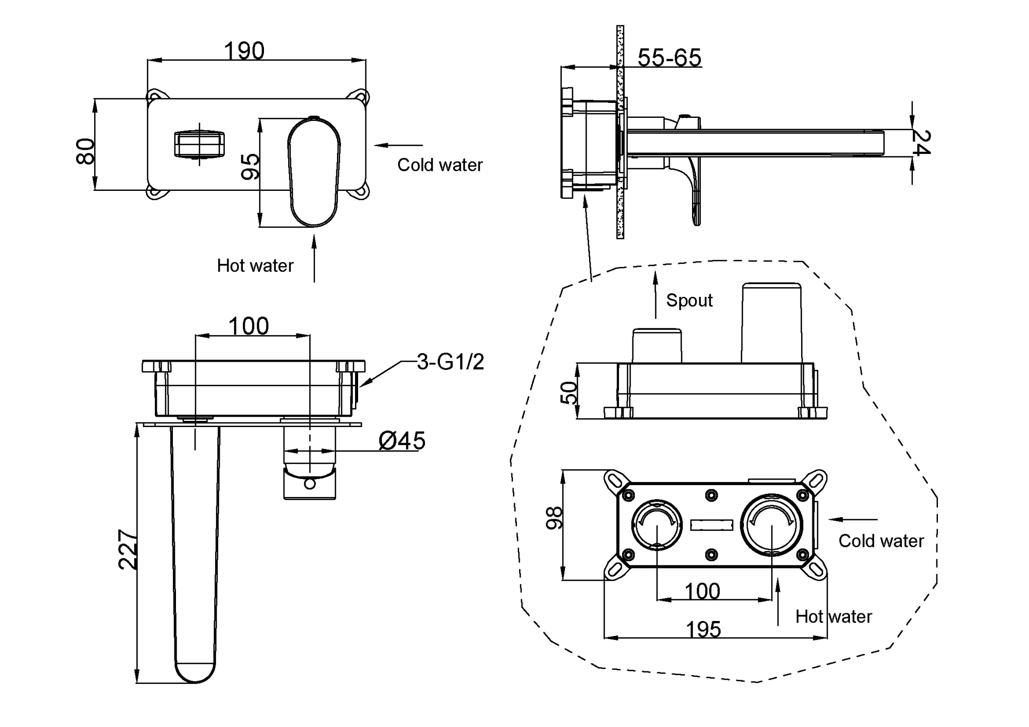 Смеситель для умывальника из стены SPECTRE черный матовый